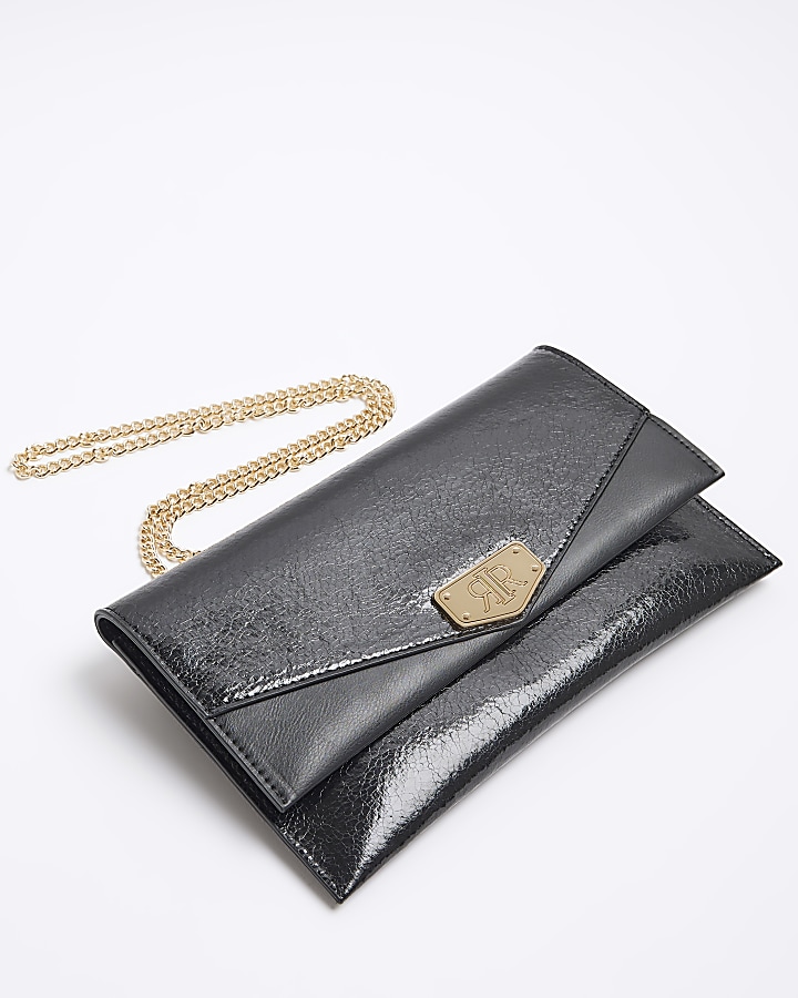 Black textured chain strap clutch bag