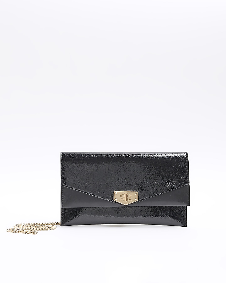 Black textured chain strap clutch bag | River Island