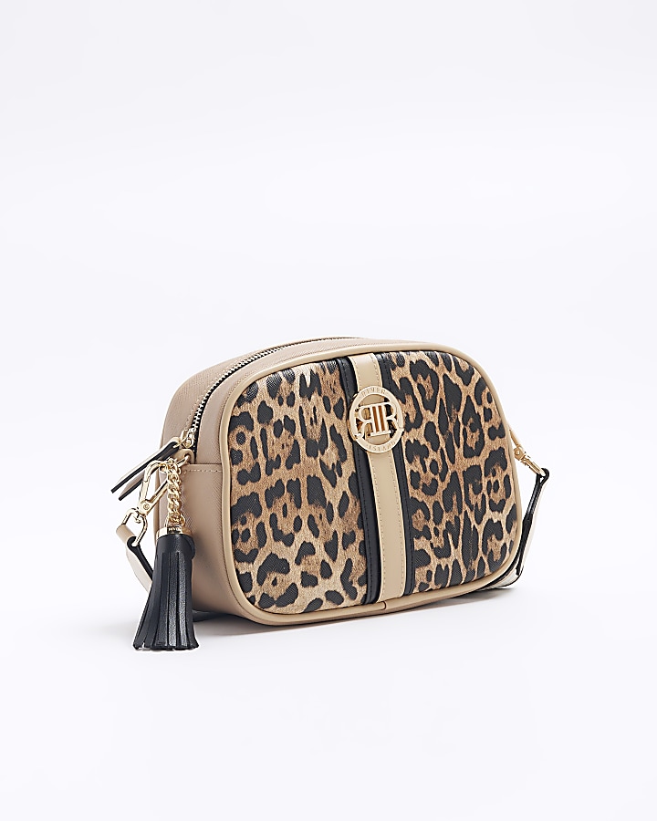 Brown leopard print cross body bag River Island