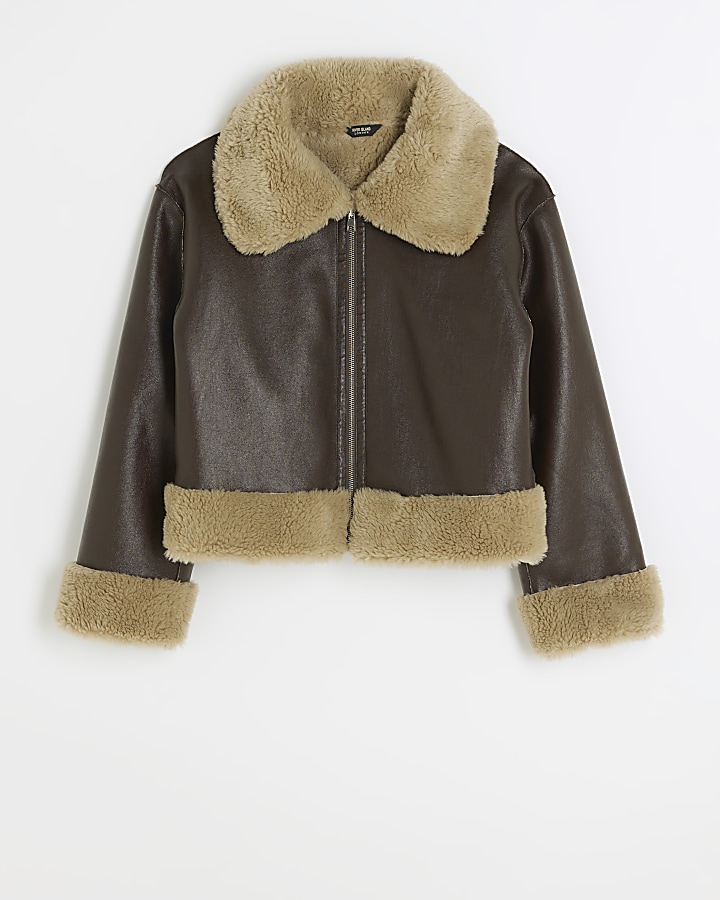 Brown reversible shearling aviator jacket