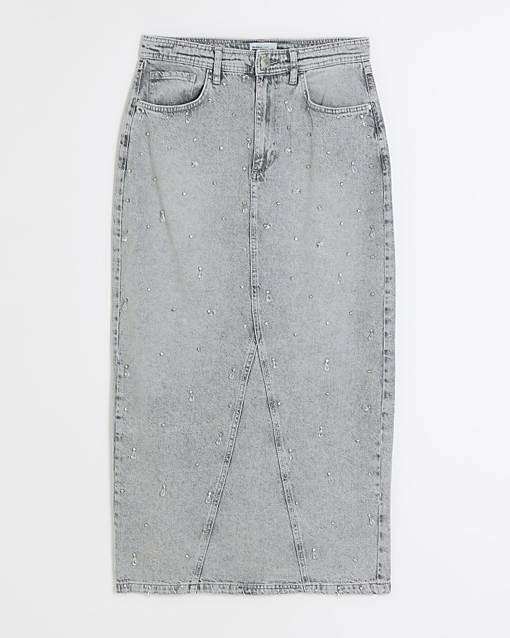 Grey embellished denim maxi skirt