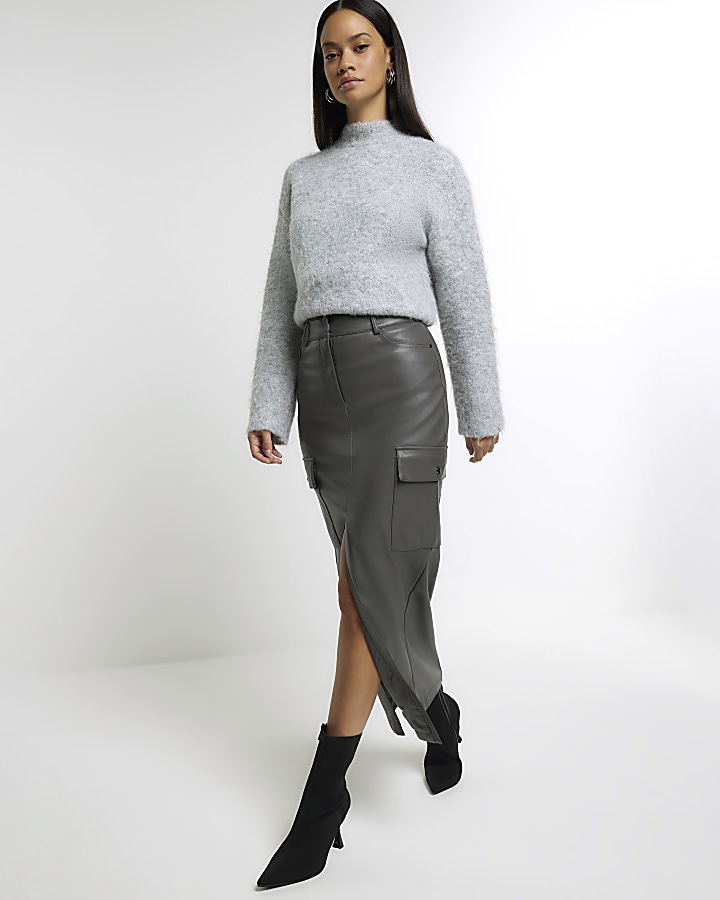 Grey faux leather utility maxi skirt