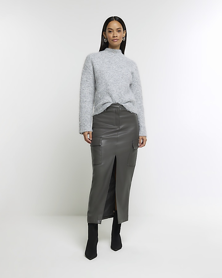 Grey faux leather utility maxi skirt