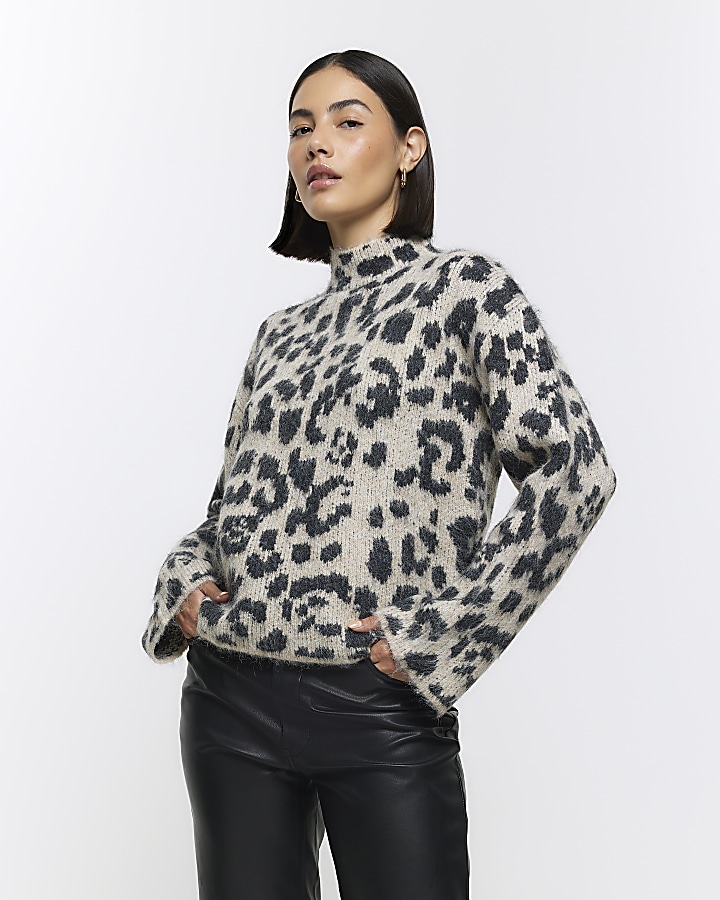 Beige animal print jumper River Island