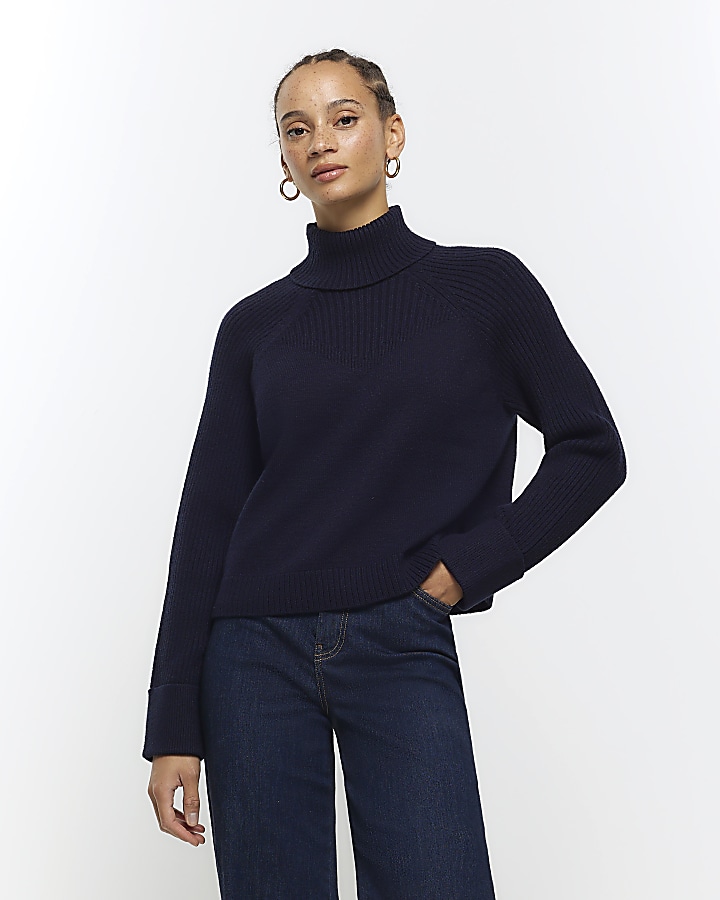 Navy rib roll neck jumper River Island