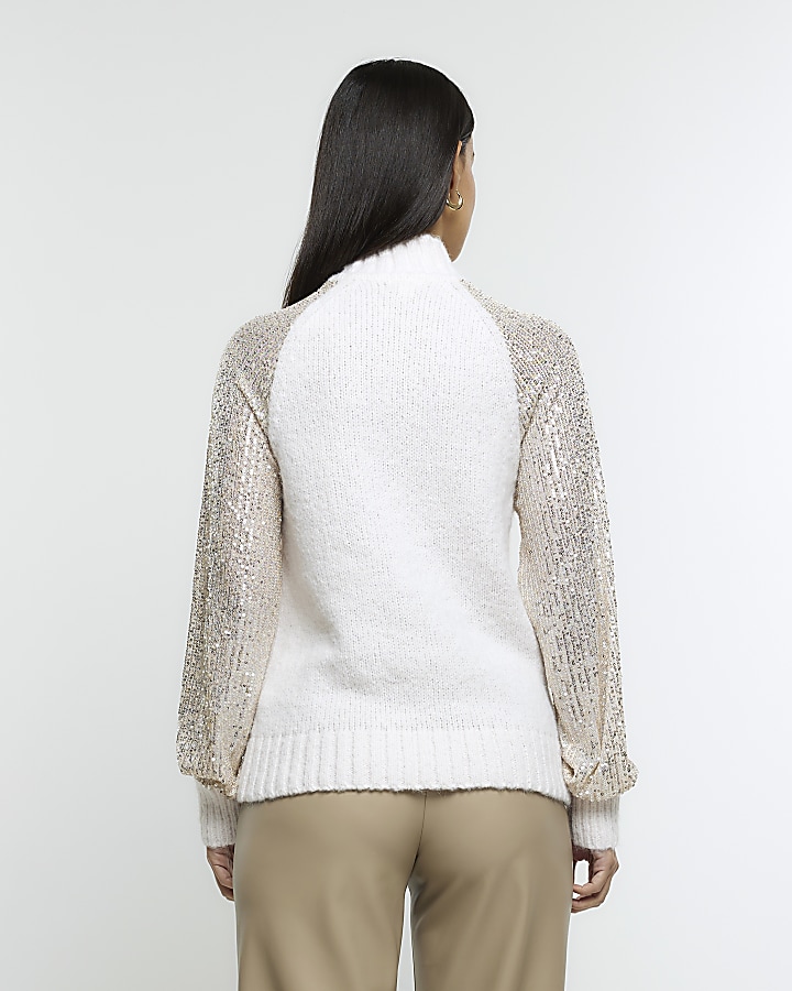 Cream sequin sleeve jumper River Island