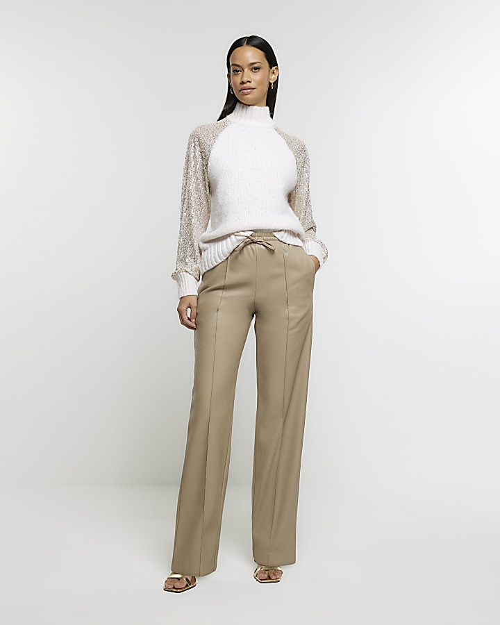 Cream sequin sleeve jumper River Island