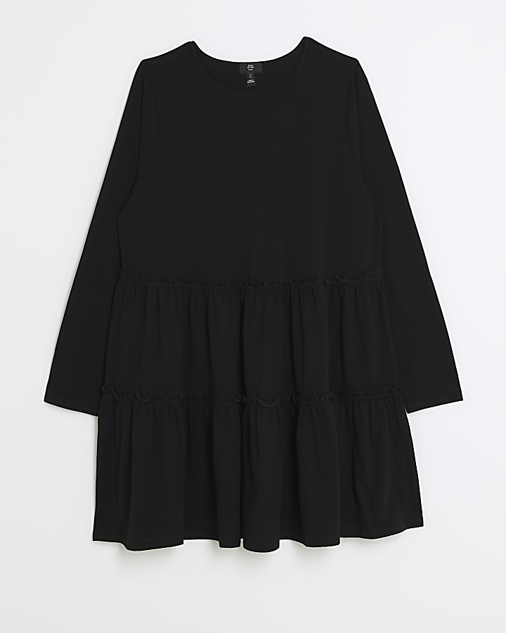 Plus black tiered smock mini dress