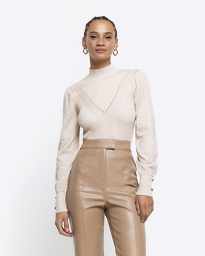 Gold rib high neck jumper