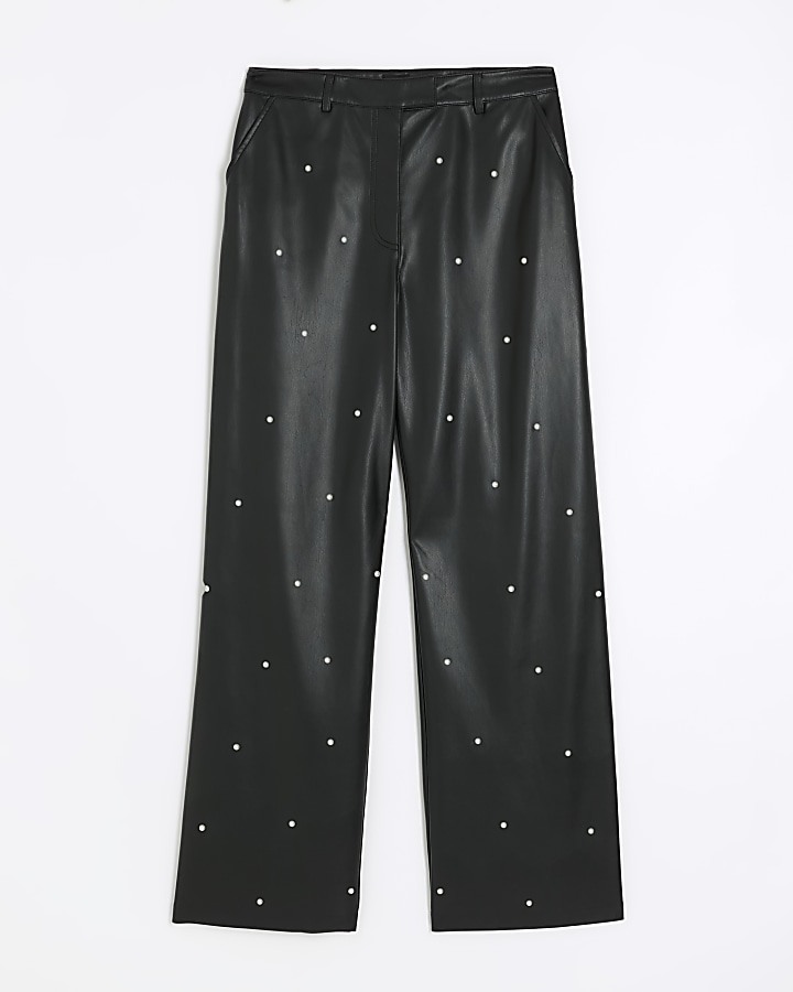 Black faux leather pearl detail trousers