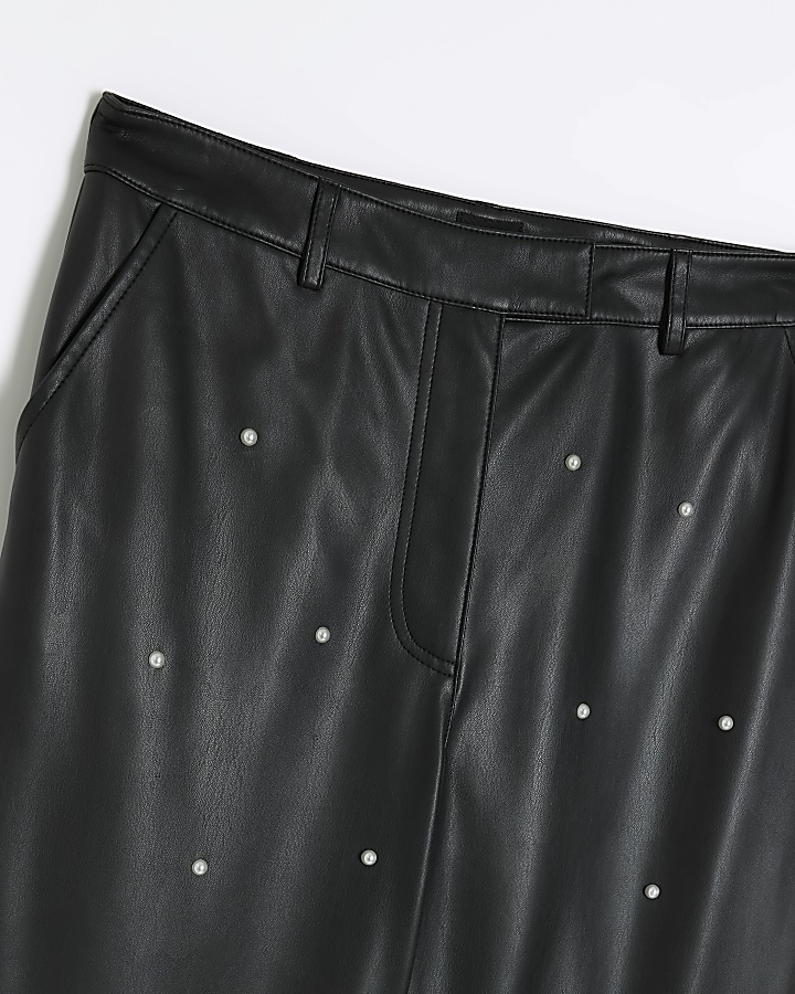 Black faux leather pearl detail trousers