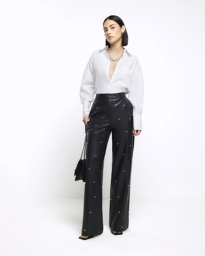 Black faux leather pearl detail trousers