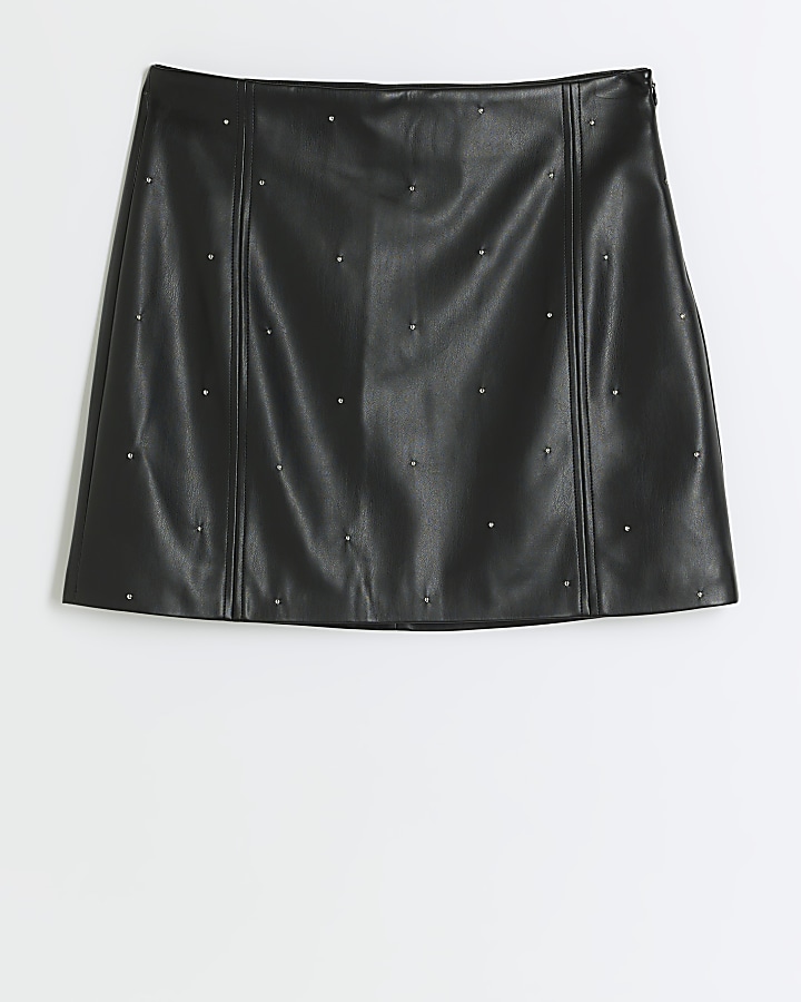 Black faux leather studded mini skirt | River Island