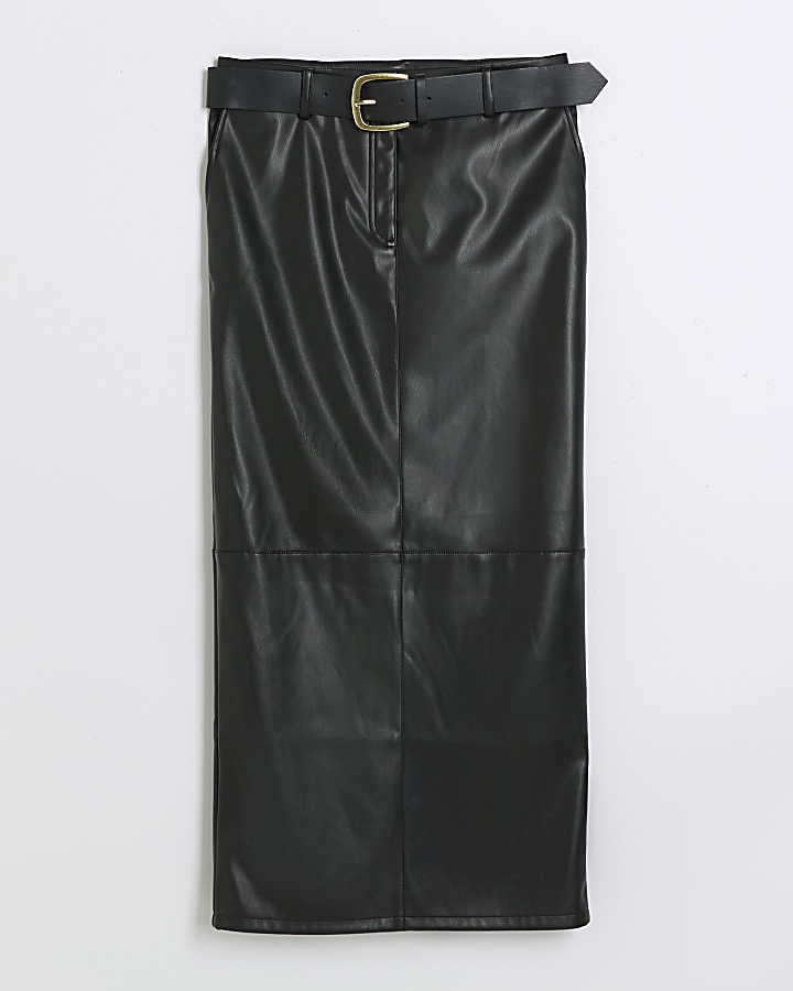Black faux leather belted midi skirt