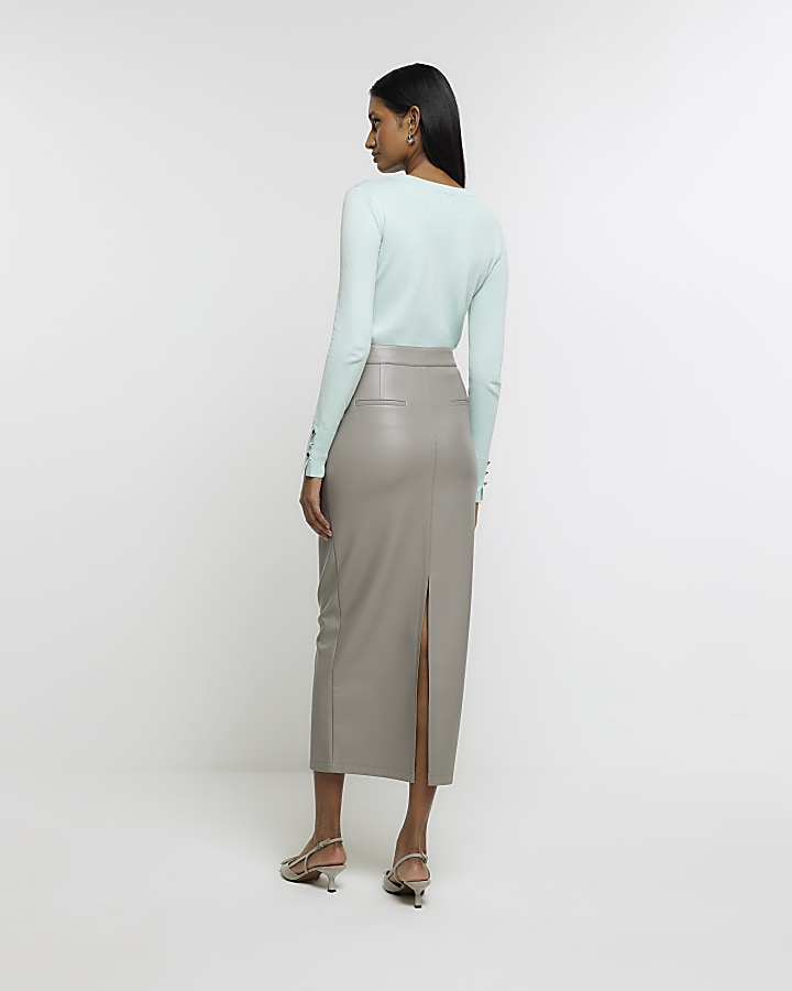 Grey faux leather tailored midi skirt