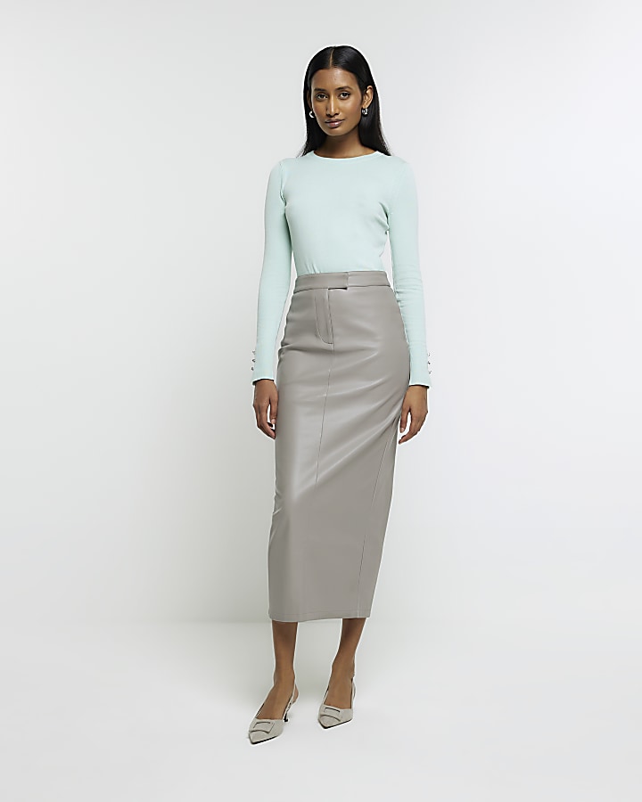 Grey faux leather tailored midi skirt
