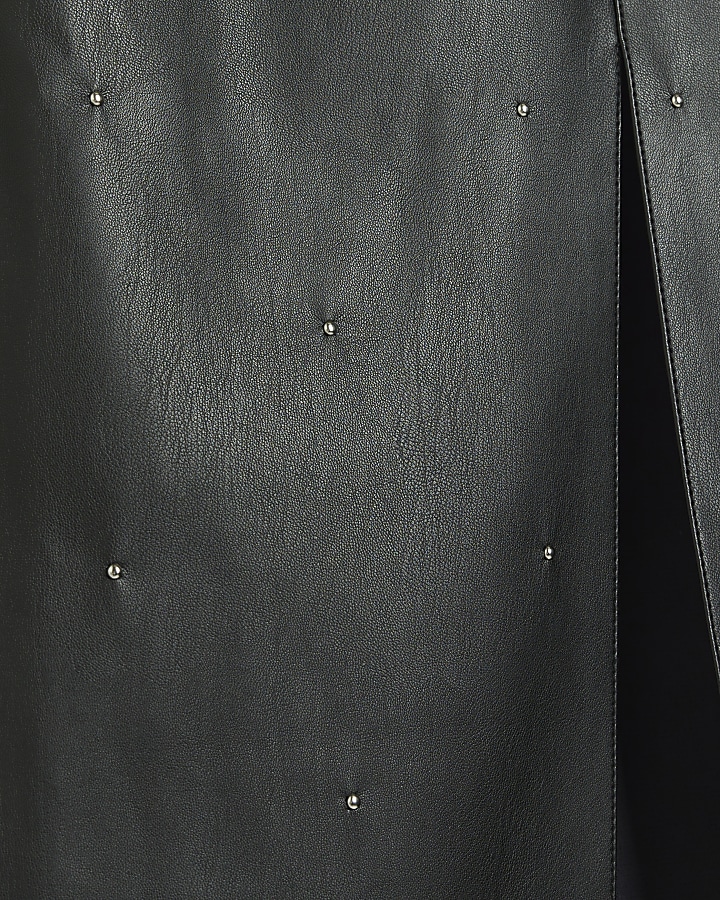 Black faux leather studded midi skirt