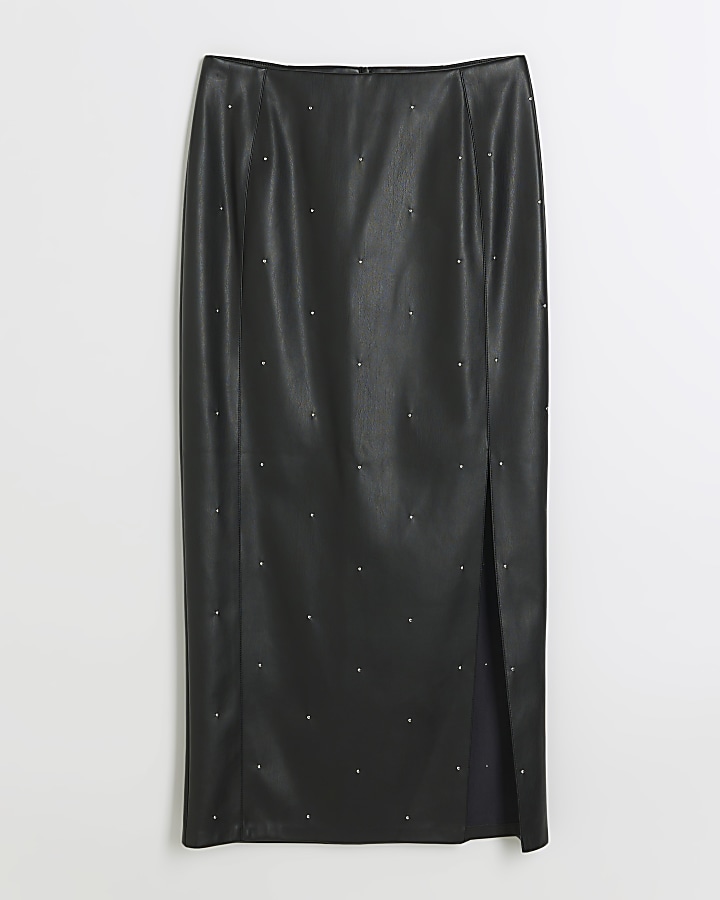 Black faux leather studded midi skirt