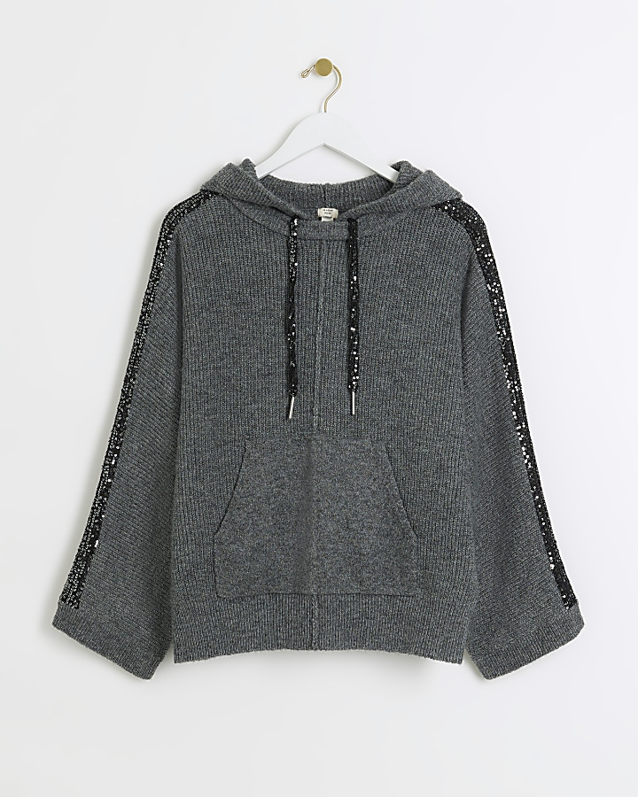 Grey knitted sequin hoodie