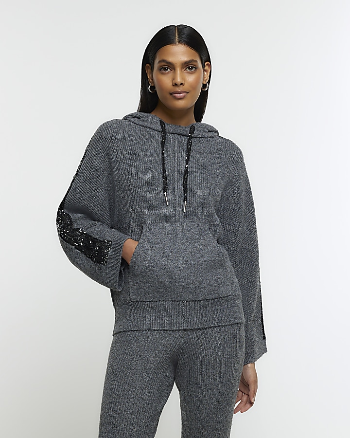 Grey knitted sequin hoodie
