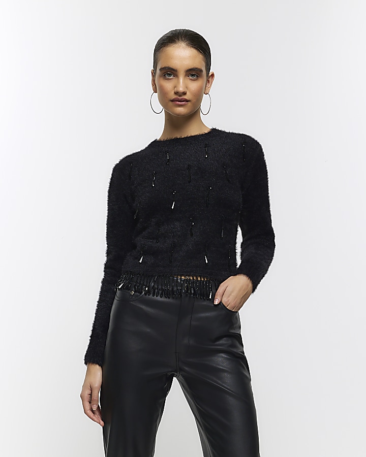 Black fluffy embellished jumper River Island