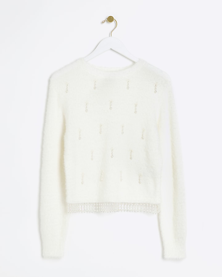 Cream fluffy embellished jumper