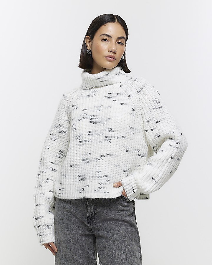 White abstract roll neck jumper