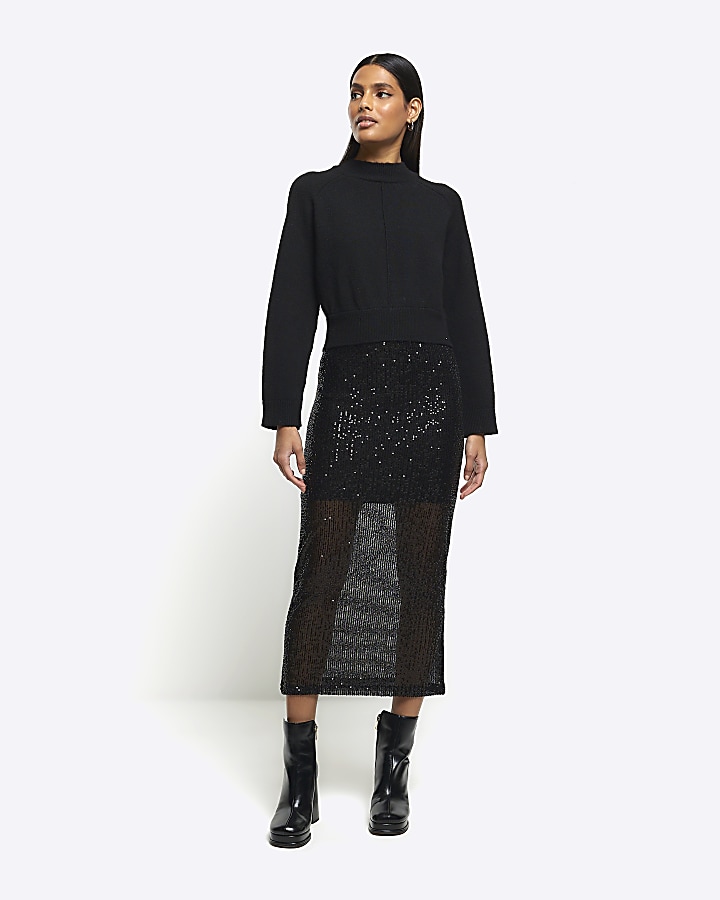 Black sequin skirt jumper midi dress River Island