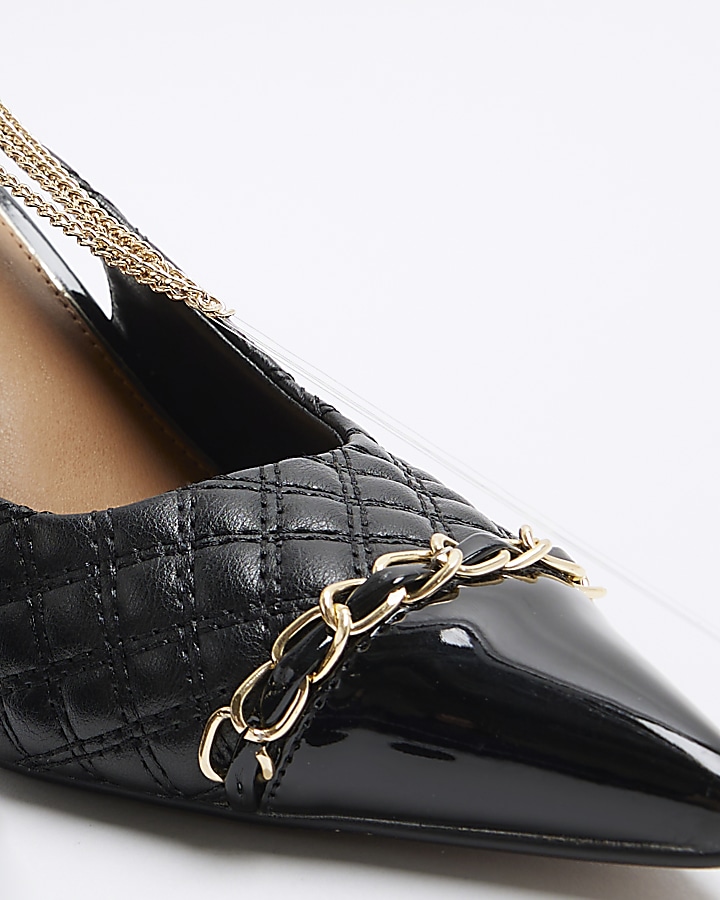 Black quilted chain heeled court shoes