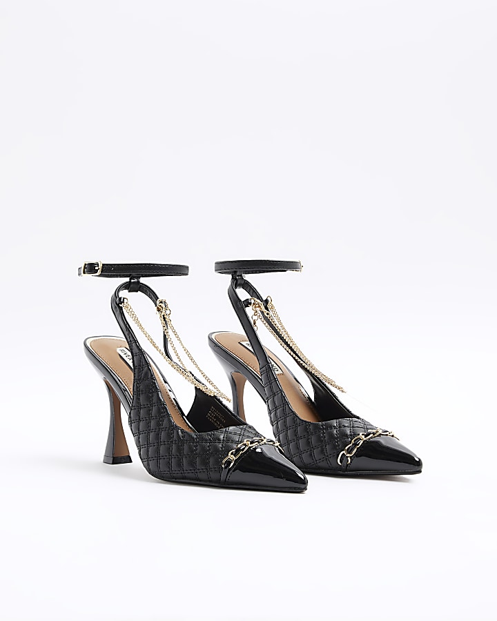 Black quilted chain heeled court shoes | River Island