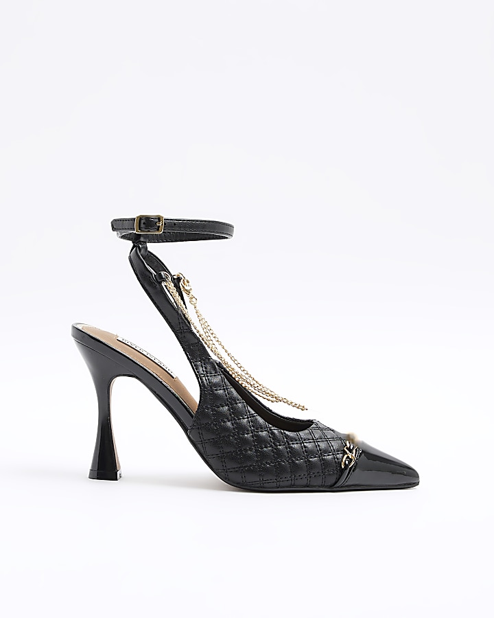 Black quilted chain heeled court shoes