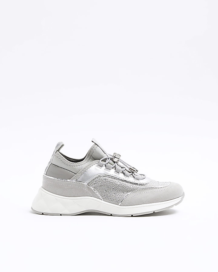 Grey diamante slip on trainers | River Island