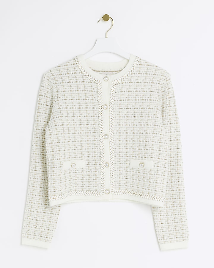 Cream boucle knit crop cardigan River Island