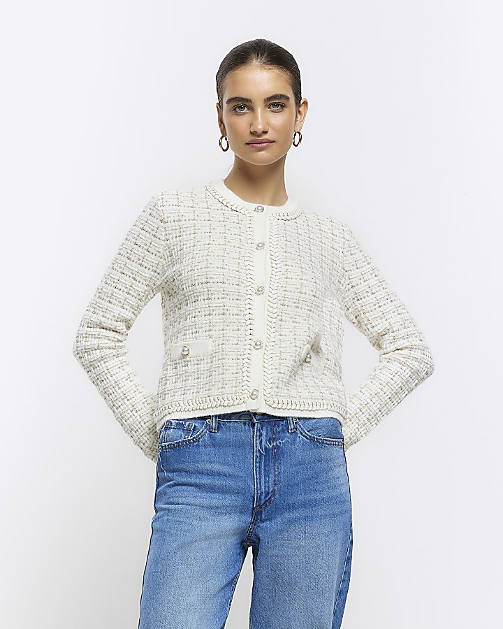 Cream boucle knit crop cardigan