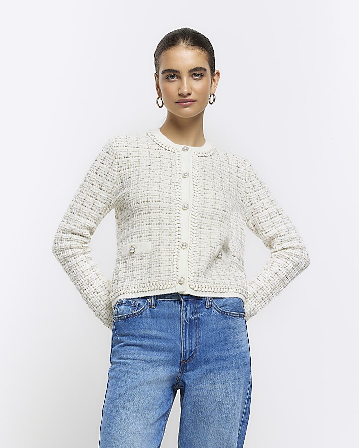 Cropped Sleeve Boucle Knit in Blue