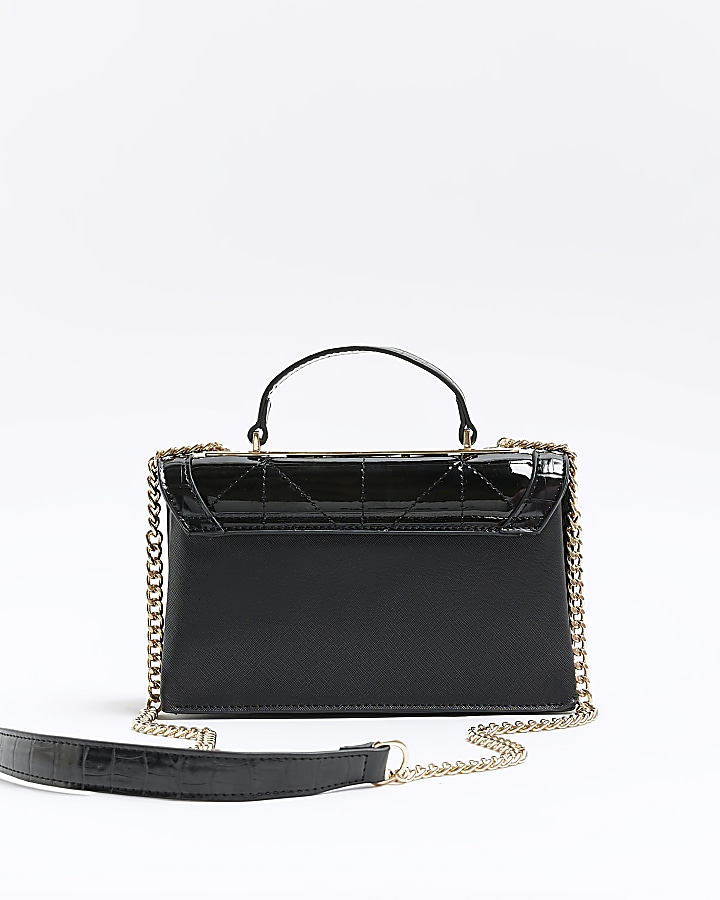 Black patent chain strap cross body bag River Island
