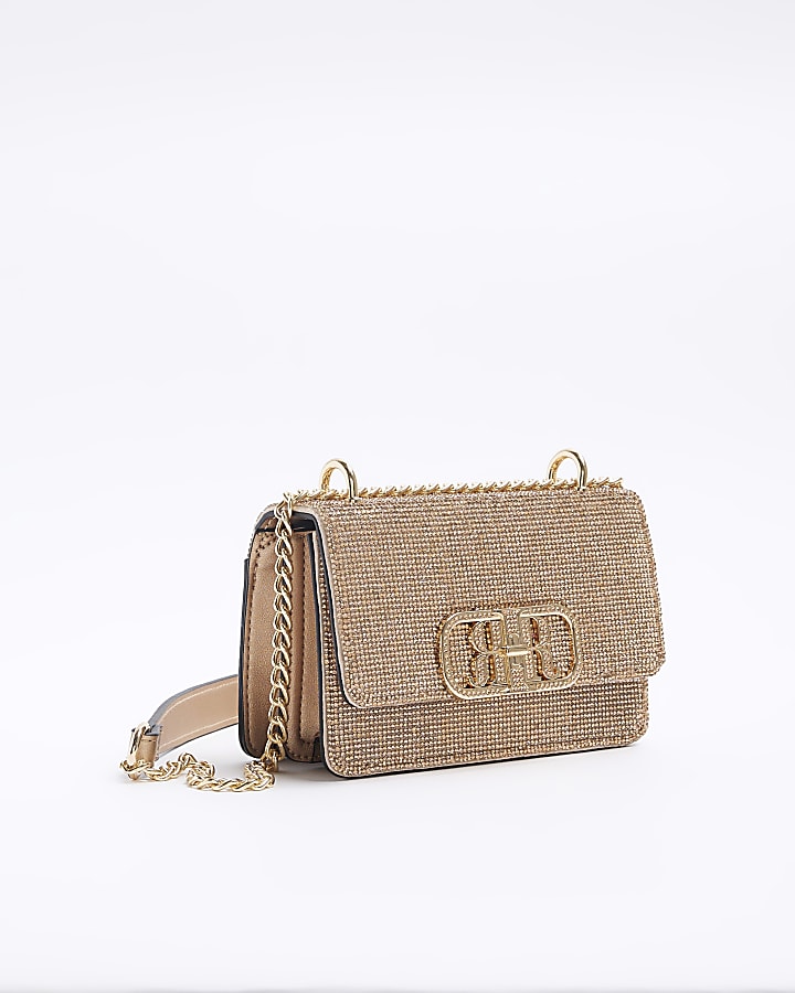 Rose gold diamante shoulder bag | River Island