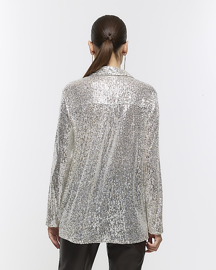 Silver sequin long sleeve shirt