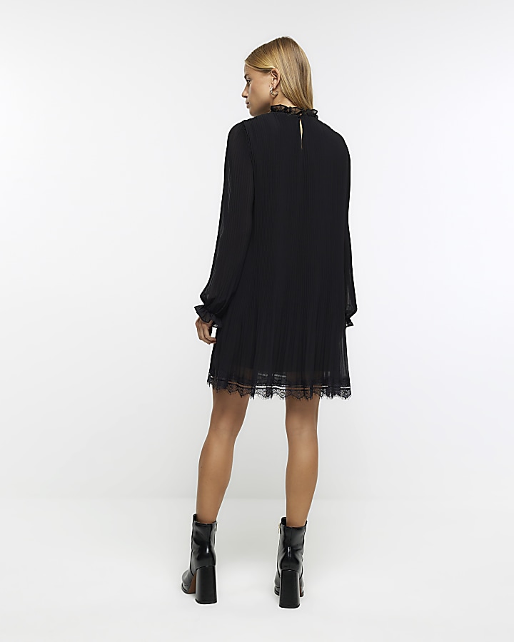 Black pleated lace trim shift mini dress