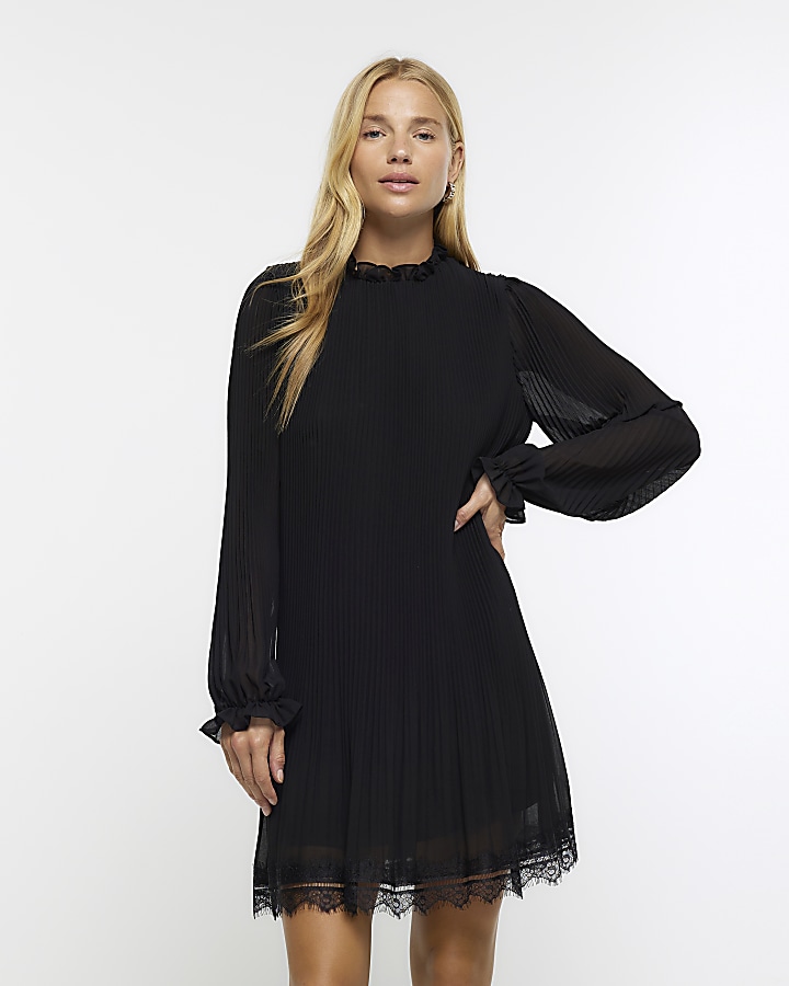 Black pleated lace trim shift mini dress | River Island