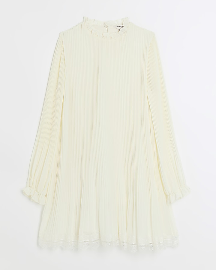 Cream pleated lace trim shift mini dress