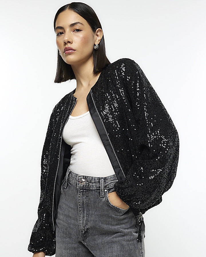 Black sequin bomber jacket River Island