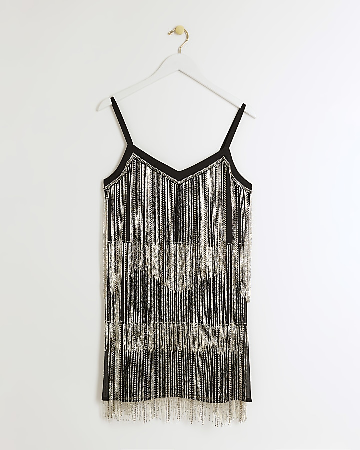 Black diamante tassel slip mini dress River Island