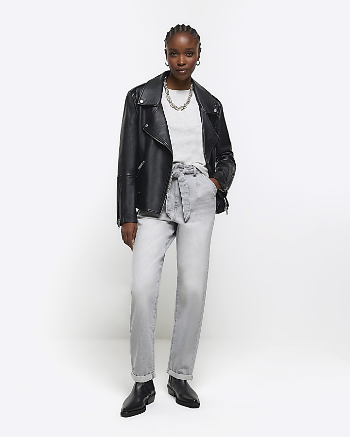 Grey high waisted belted tapered jeans | River Island
