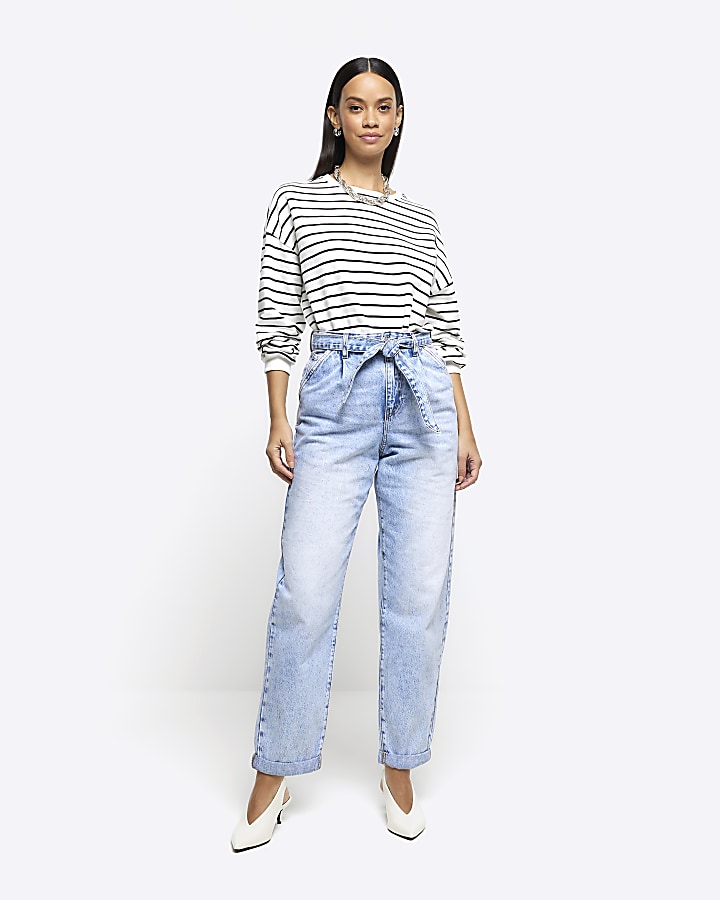 Blue belted relaxed straight jeans