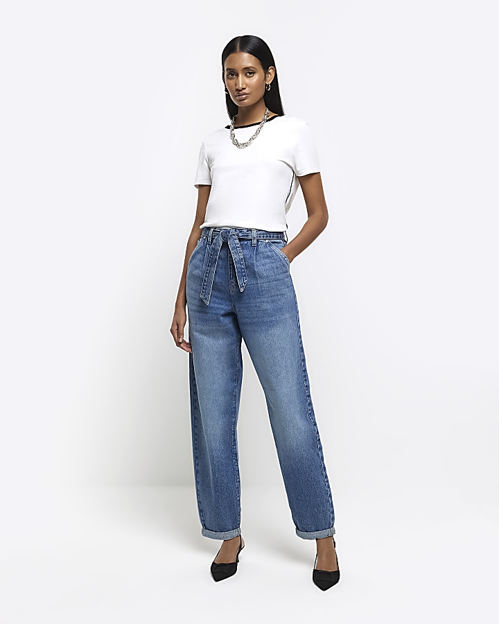 Blue High Waisted Belted Barrell Jeans