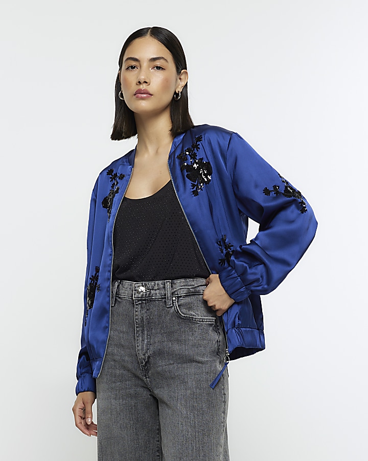 Navy satin embellished bomber jacket