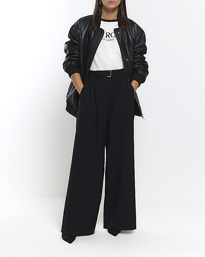Black belted wide leg trousers