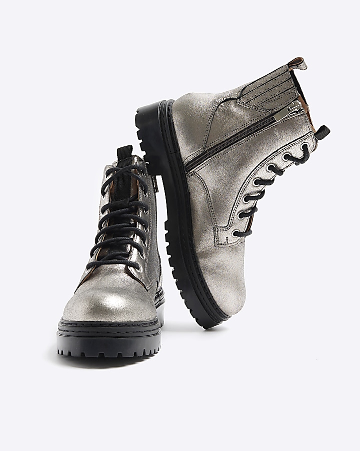 Silver Leather metallic lace up boots