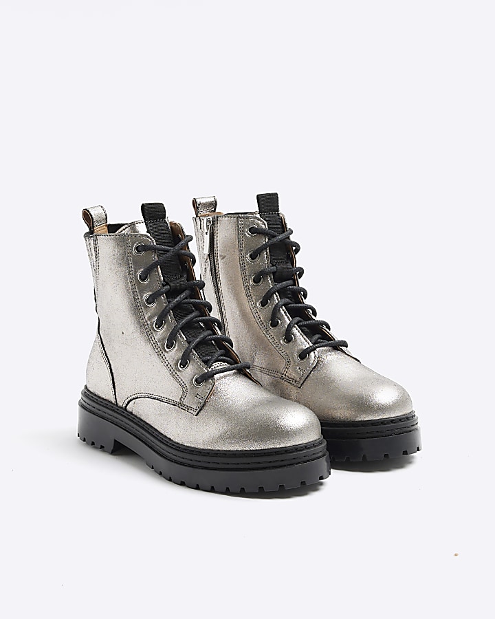 Silver Leather metallic lace up boots